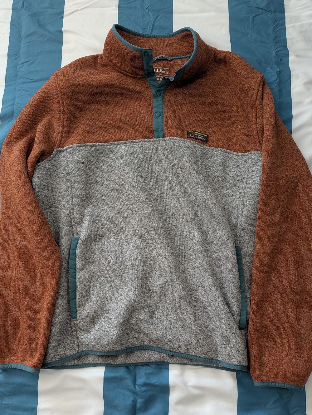 L.L. Bean Men’s 1/4 Snap Pullover in Rust, Heather Gray & Teal Trim